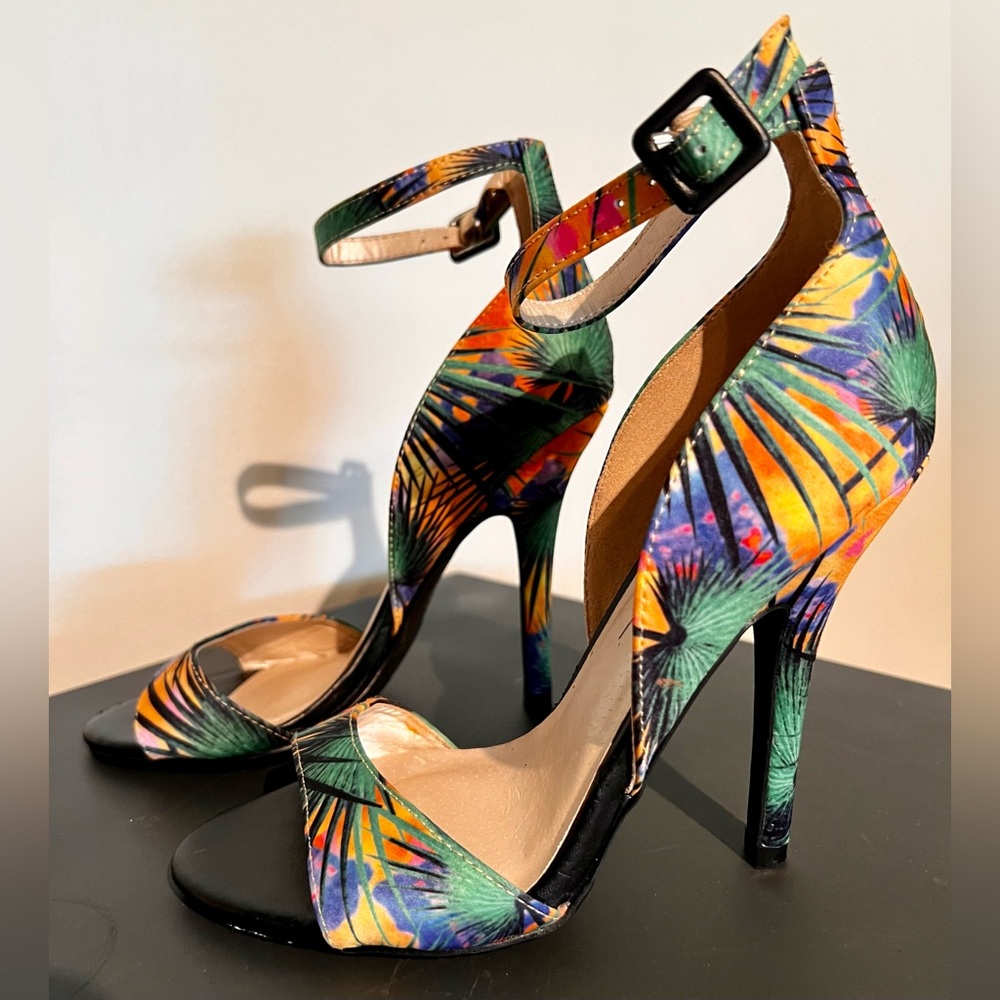 C Label Tropical Print Satin Stiletto with Ankle Strap